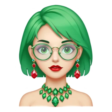 gem lover woman with gem accessories excessive amount gem glassess very big gem earrings green hair and red diamonds sticker