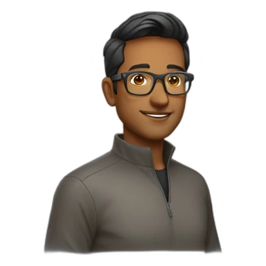 indian tech founder clean shaven in quarter zip with tortoise glasses sticker