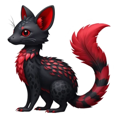 Feral Rare Fantasy shiny soft fuzzy furry vibrant tropical obsidian-black and crimson-red Vernid-Trico-species-creature by LiLaiRa, random markings, tufted tail, tufted ears, full body sticker