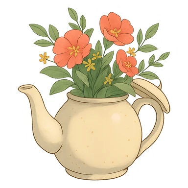 ghibli style teapot with flowers and leaves sticker