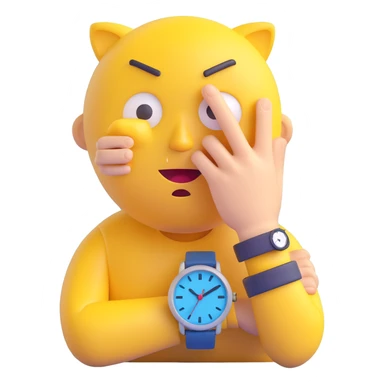 A yellow emoji face with a worried expression, looking at a wristwatch with raised eyebrows, showing urgency and stress sticker