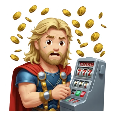 disheveled Thor losing money at a slot machine, panicked face, coins flying sticker