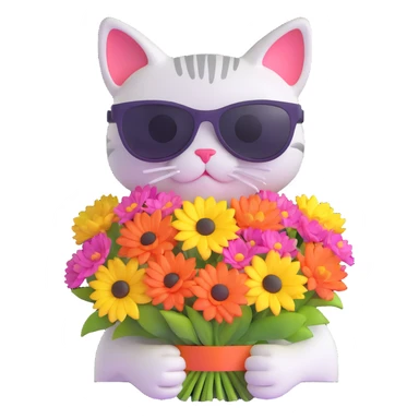 cat wearing sunglasses holding a bouquet of flowers sticker
