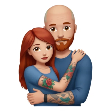 The girl has no tattoo, long brown haired, brown eyed pretty girl, hugging a strong guy that is bald with a red beard and a sleeve of tattoos in jail sticker