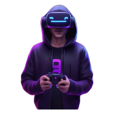 Russian man wearing a black hoodie with "OMG" letters on it and VR headset in a cyberpunk VR environment with violet neon lighting. sticker
