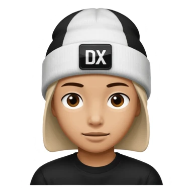 wearing a white beanie with an black square logo with the word "DX" written on it.

 sticker