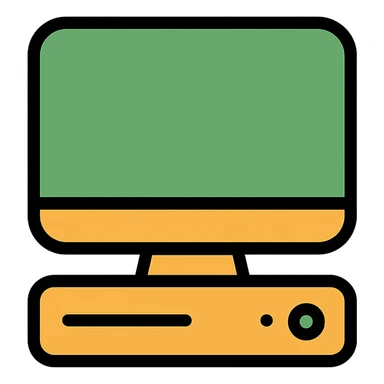 thumbnail of a computer, green and orange colors, black background, modern icon style sticker