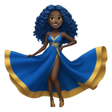 1 laughing Black Girl with long straight royal  blue hair with yellow gold and royal blue dress sticker