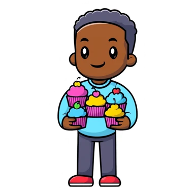 Cheerful large African American man holding colorful cupcakes sticker