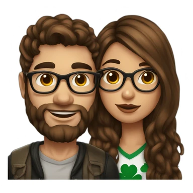 Brazilian long brown hair girl wearing glasses, kissing Irish dark shaved hair guy who has many tattoos sticker