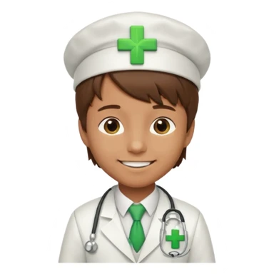 a doctor in white suit with a doctor hat with green cross brown hair boy sticker
