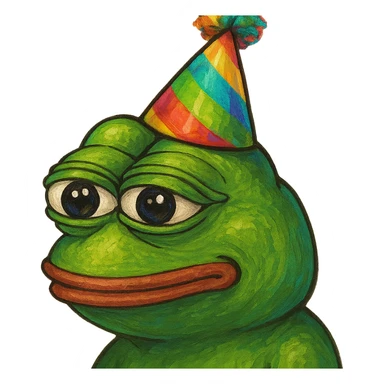 pepe the frog wearing a party hat, vibrant and detailed, gpt-image style sticker