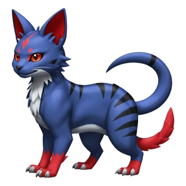 midnight blue-gray-black, with red markings, white belly, scaley scaly batty feline-like quadrupedal digitigrade furry feral Bastet-Noibat-Gatomon-Garchomp-Digimon-Fakémon-Pokémon-creature (full body) sticker