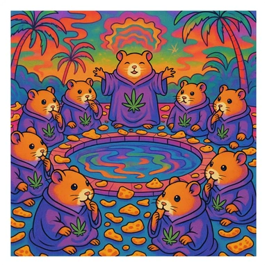 Hamsters in a cult gathering at a pool, wearing matching robes with marijuana leaf emblems, cheese snacks everywhere, psychedelic and humorous scene. sticker