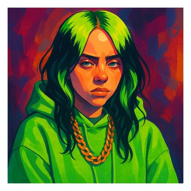 stylized portrait of Billie Eilish with green hair, oversized clothing, moody expression, pop star vibe sticker
