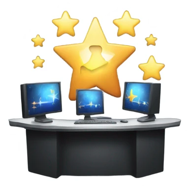 A news anchor desk icon with three glowing stars above it, styled with a sleek, modern design and glowing accents. sticker