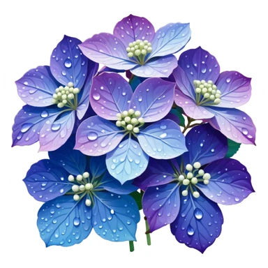 Japanese style hydrangea (ajisai) flower in ukiyo-e inspired design, delicate blue-purple gradient, elegant composition with raindrops, traditional Japanese aesthetic sticker
