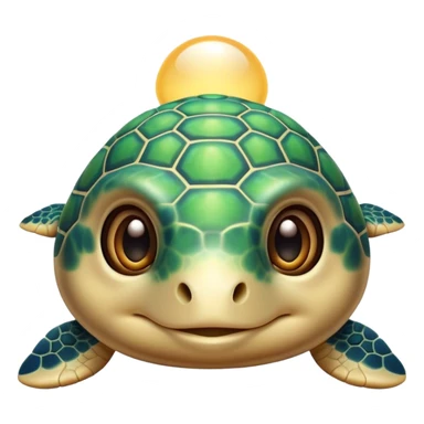 Cinematic Cute Sea Turtle Portrait Emoji, Head tilted playfully and inquisitively, featuring a charming, compact form with a beautifully patterned, domed shell and gentle, sparkling eyes full of oceanic wonder, Simplified yet irresistibly adorable features, highly detailed, glowing with a warm, friendly sea glow, high shine, affectionate and lively, stylized with a touch of whimsical marine charm, soft glowing outline, capturing the essence of a mischievous yet loving sea turtle that seems as if it could swim out of the screen into your arms! sticker