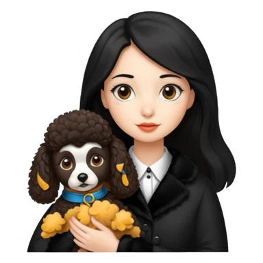 A girl who has long hair and looks like a penguin holds a brown poodle sticker