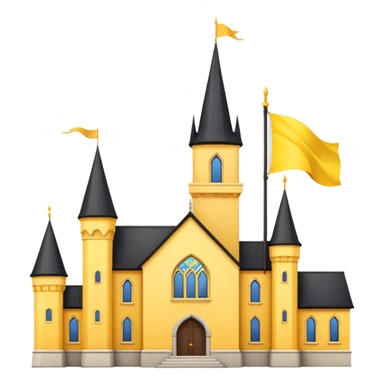 white background, magic school, black roof, with a big flag, big flag on a roof, big yellow flag, white school sticker