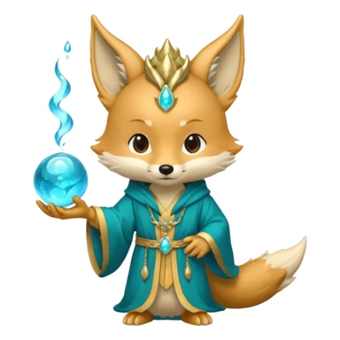 Chibi teal fox with gold mark on forehead, teal-gold robe, holding glowing blue water orbs, with dragon tail on its backside with small antler horns on its head sticker
