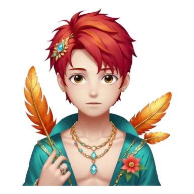 Beautiful gorgeous anime boy with beautiful fiery-special-hair, fashion aesthetic, ethereal, fairycore, pastelcore, feather, flower, gems, accessories, jewelries, gold, colorful sticker