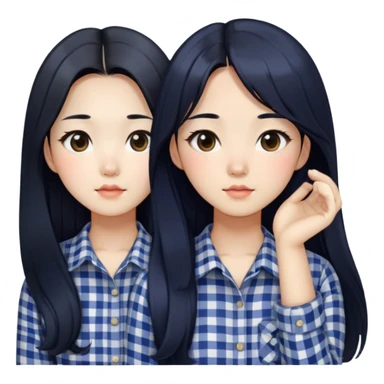 beautician, pretty korean girl with black long hair wearing navy check shirts, long face sticker