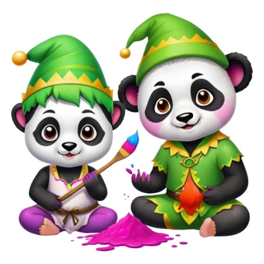 Panda and elf  playing holi sticker