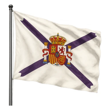 realistic illustration of the bandera de la hispanidad, white flag with purple cross and detailed coat of arms in the center, transparent background sticker