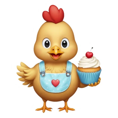 A chicken who has a let’s eat bib holding a cupcake sticker