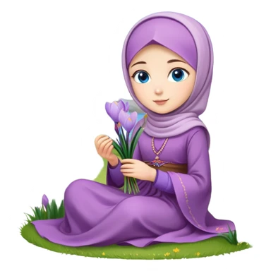 Turkish beautiful finish Konya girl blue eyes with crocus flower hijab long tail dress and sits on the grass on the ground and hold crocus flower on hand  sticker