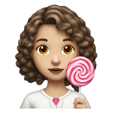 White pale young girl with fluffy brunette hair and brown eyes holding a lollipop  sticker