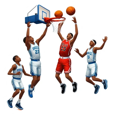An icon featuring a basketball court with players in action, inspired by NBA 2K25. A player jumps for a dunk, with the ball mid-air. Bright lights illuminate the court, symbolizing the excitement of sports simulation games. Transparent background emphasizes the energy. sticker