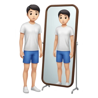 A young Asian guy is sadly examining his body in a full-length mirror. sticker