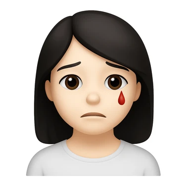 Make the character look like the official Apple emoji style. Replace the lots of blood with a single small red tear. Keep her pale skin, black straight hair, and a subtle sad expression. The style should mimic the Apple emoji style closely. sticker