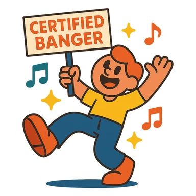 dancing character holding a sign that says certified banger surrounded by musical notes and sparkles cheerful animated style sticker