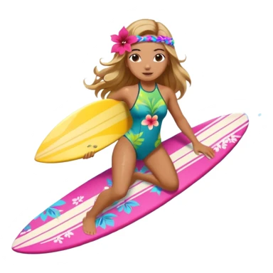 cute female surfer riding waves, hibiscus flower in hair, tropical swimsuit, colorful surfboard with Hawaiian patterns, water splash, 3D cartoon, mobile game icon style, clean background, no text sticker
