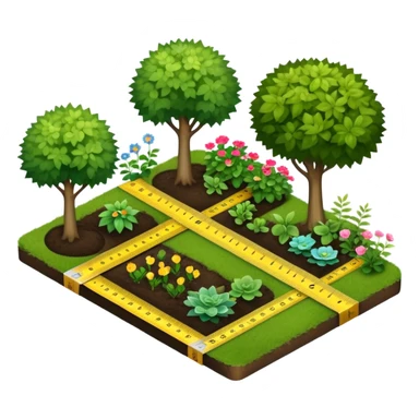 Icon for Landscape Design: a garden layout with plants, trees, paths, and design tools like a ruler, pencil and measuring tape. The icon should represent creativity in outdoor space planning and gardening. Transparent background. sticker