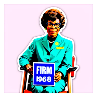 Shirley Chisholm sitting in a folding chair holding a sign that says Firm 1968 sticker