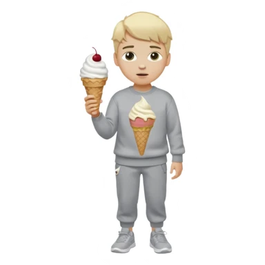 A kid with blonde hair and ice cream hair, Grey ESSENTIALS sweater, gray Nike shoes, Grey pants and he is white. sticker