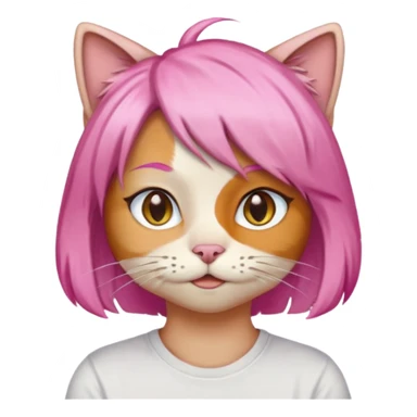 calico cat wear pink hair wig, white T-shirt sticker