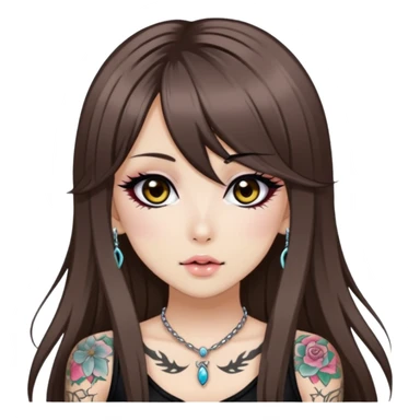 hime gyaru girl, long straight brunette hair, tattoos, dark makeup,  sticker