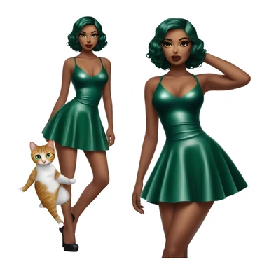 A pin skirt latex dark emerald dress on a female latin goddess with a kitten aura with a short bob a-line  sticker