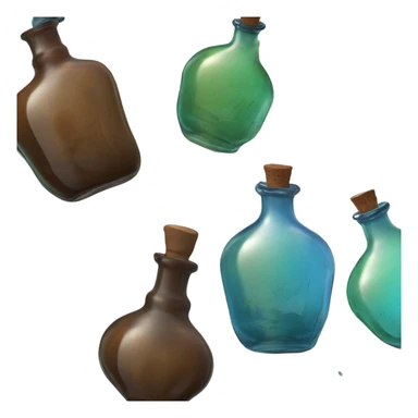 Mysterious Alchemical vintage glass potion bottle, exquisite bottle shape, old and shabby, with label, stylish and minimalistic, brown, blue and green, oil potion is poured out of the bottle, herbal, flowers and oil is spilled next to it sticker
