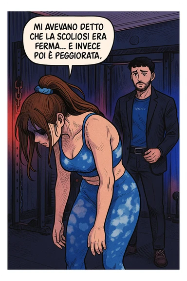 fai questa immagine in versione fumetto/manga/webtoon a colori, il manga mostra la donna disperata con un fumetto sulla testa che dice:
Mi avevano detto che la scoliosi era ferma… e invece poi è peggiorata.
 sticker