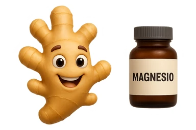 emoji stile iphone 3d di un pezzetto di zenzero e una boccetta di magnesio con la scritta "MAGNESIO" SULL'ETICHETTA CHE FLUTTUANO IN ARIA, iperrealistico 4k sticker