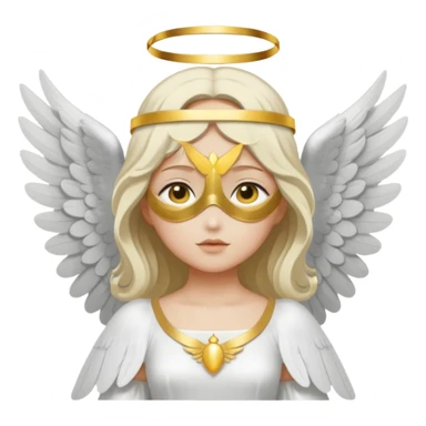 angel with gray skin, blindfolds without eyes, with two white large wings, with a white and golden dress, with a golden halo sticker