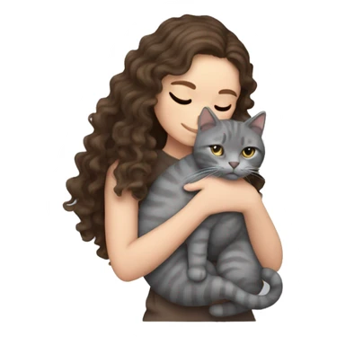 White Girl curly brunette hair cuddling with grey cat sticker