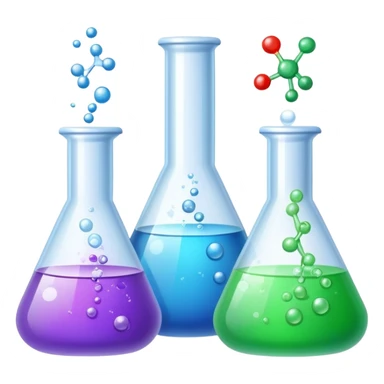An icon featuring laboratory flasks with tubes, symbolizing chemistry. The design includes liquid and powder substances, a chemical reaction with bubbles, and molecular formulas, representing chemical processes like hydrolysis. Transparent background sticker