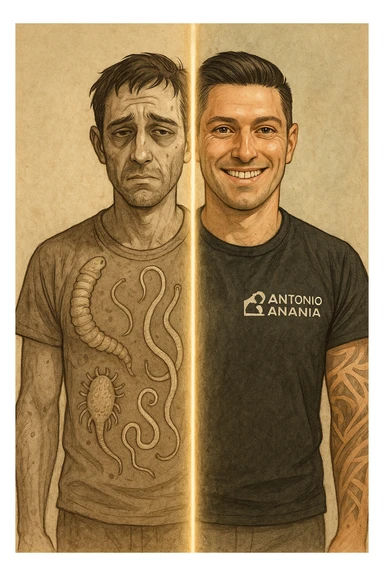 a man is depicted in two halves—on one side, he appears tired and weighed down, with faint, ghostly images of parasites visible inside his torso; on the other side, he is vibrant and healthy, with clear skin and bright eyes, the parasites gone. A visual transition or glowing line separates the two states, symbolizing recovery. sticker